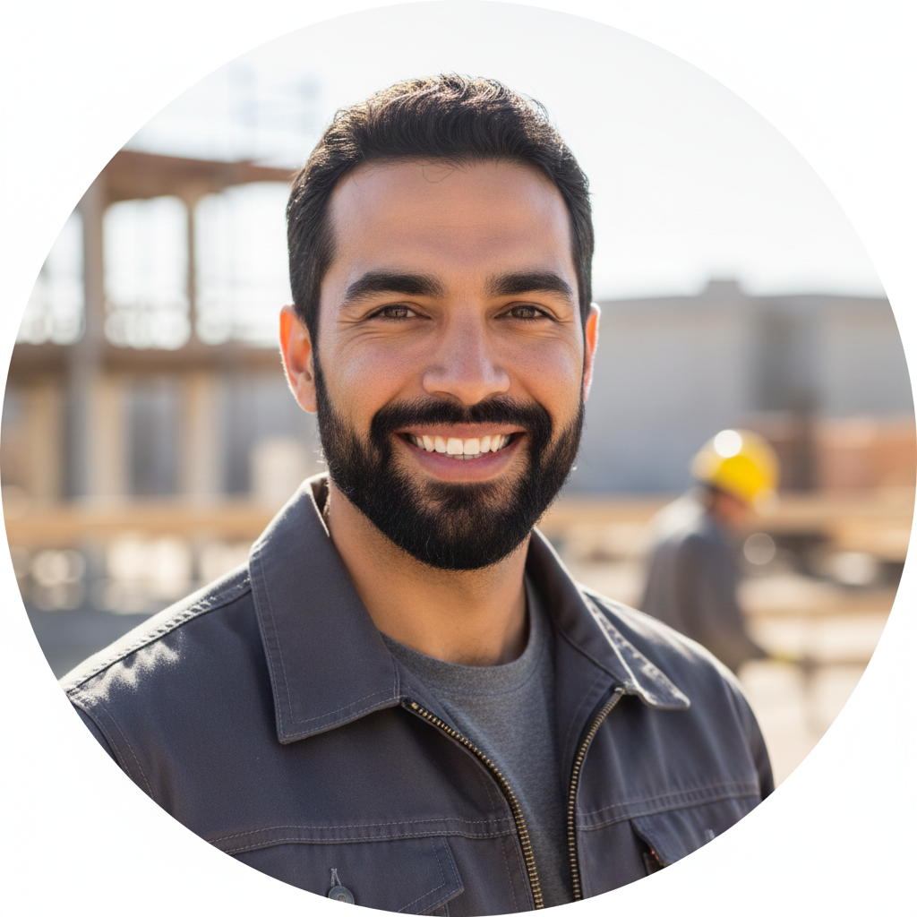 A professional headshot of a smiling male contractor, circle crop, realistic photography, outdoor background